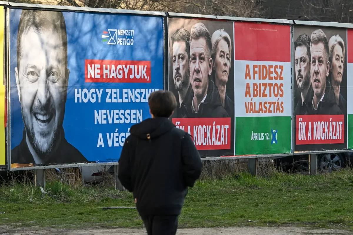 Re-election campaign billboards in Hungary. The board on the left states “let's not let Zelensky get the last laugh”. The board on the right states “Fidesz is the safe choice”. Indicating the paranoia of Ukraine became Orbán's re-election strategy. 