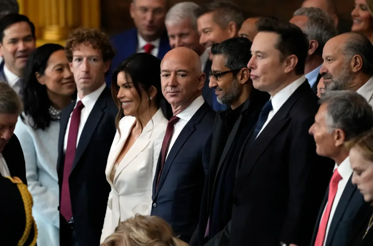 Guests including Mark Zuckerberg, Lauren Sanchez, Jeff Bezos, Sundar Pichai, and Elon Musk attend Donald Trump’s inauguration in Washington. (Julia Demaree Nikhinson/Pool/Getty Images)