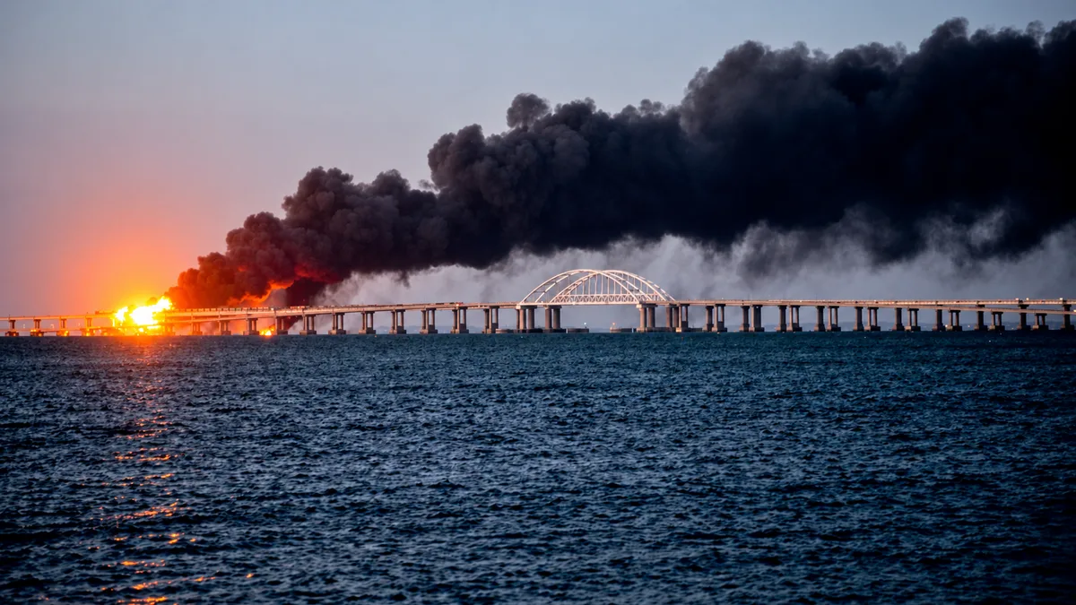 Crimean Bridge connecting the Russian mainland and the Crimean peninsula over the Kerch Strait after the October 2022 attack (AP Photos)