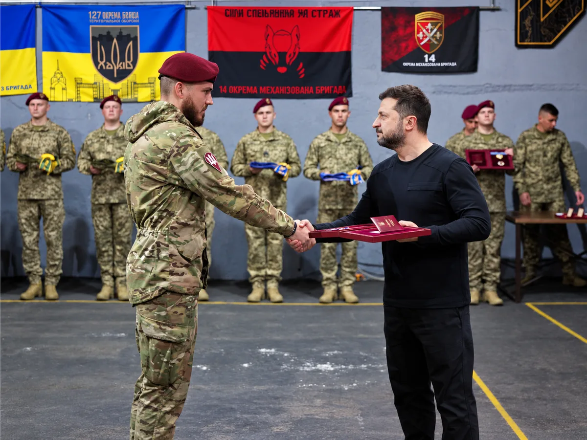 President Zelensky Visiting the Area of Operation Vivaldi congratulating Andrii Biletskyi, General of the Third Army Corps (President of Ukraine)