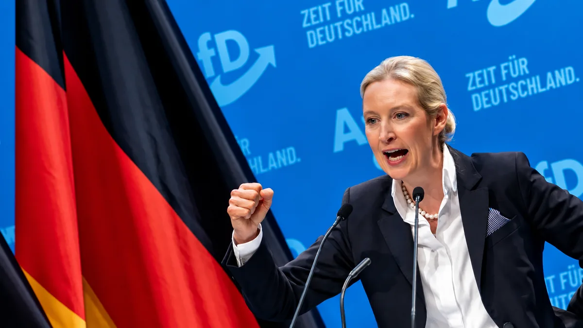 AfD co-leader Alice Weidel with the party’s “Zeit für Deutschland” (“Time for Germany”) slogan behind her (BBC)