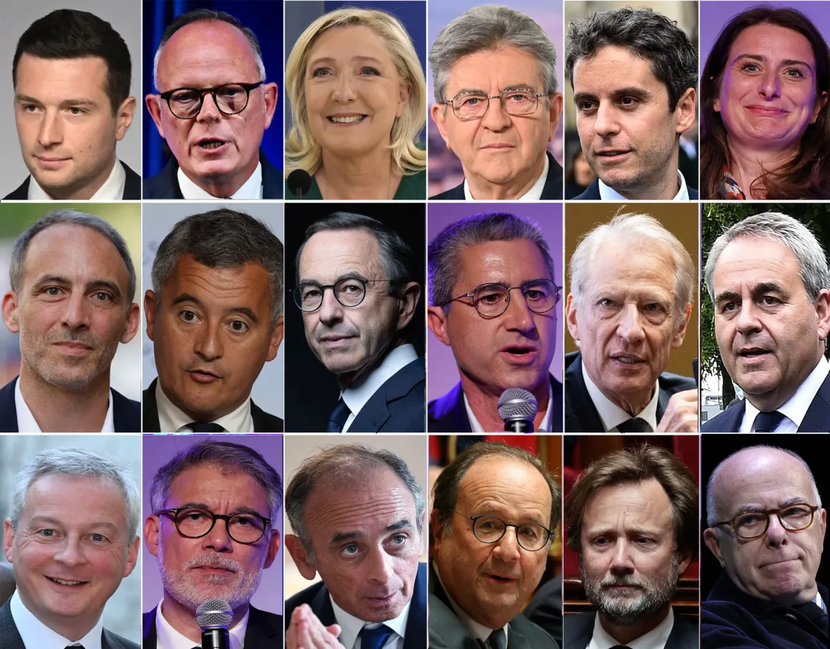 Ccandidates for the French presidential election (from left to right, top to bottom): Jordan Bardella, Édouard Philippe, Marine Le Pen, Jean-Luc Mélenchon, Gabriel Attal, Marine Tondelier, Raphaël Glucksmann, Gérald Darmanin, Bruno Retailleau, François Ruffin, Dominique de Villepin, Xavier Bertrand, Bruno Le Maire, Olivier Faure, Éric Zemmour, François Hollande, Boris Vallaud, and Bernard Cazeneuve. (AFP Photos)