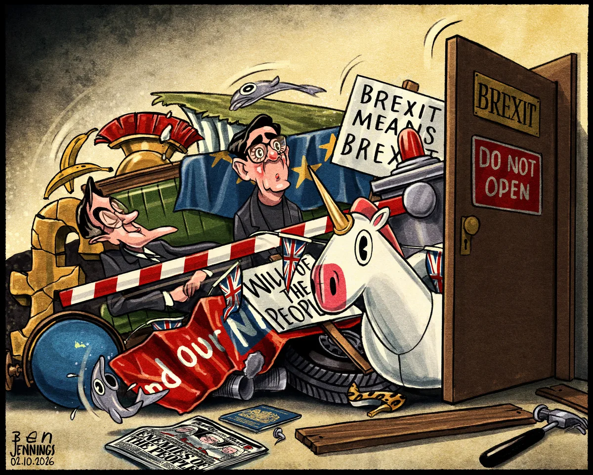 Cartoon published by political cartoonist Ben Jennings in The Guardian: “Ben Jennings on Andy Burnham’s suggestion that the Brexit question could be revisited,” (Jennings 2026)