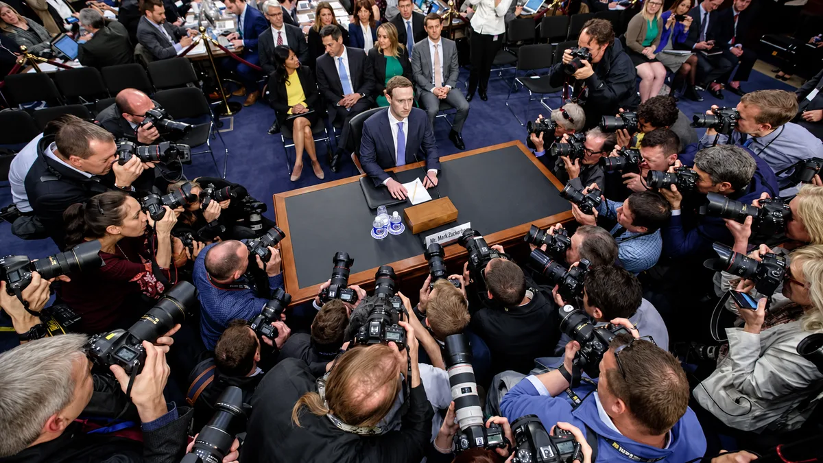 Facebook CEO Mark Zuckerberg during his testimony before the US Congress in April 2018 over the Cambridge Analytica scandal (The Guardian) 