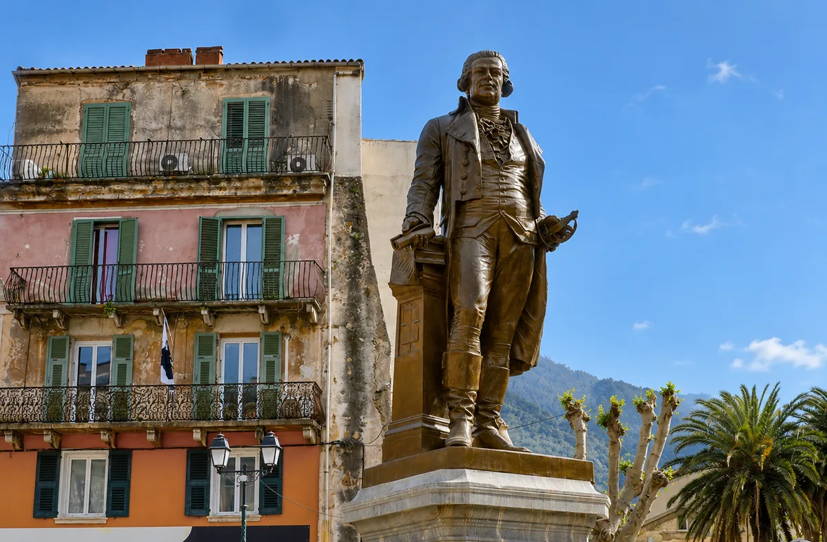 A statue of Pasquale Paoli, who established the Corsican Republic in 1755, stands in the town of Corte, Corsica (Explore Corsica)