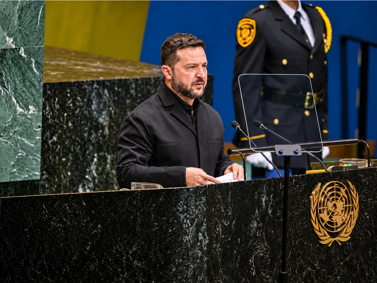 Ukrainian president Volodymyr Zelensky speaks during the United Nations General Assembly (Getty Images)